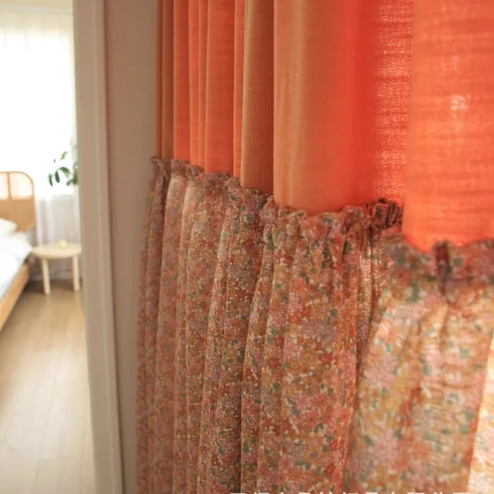 Japanese Orange Printing Cotton and Linen Patched Curtains for Living Room Bedroom French Window Balcony Window Customized