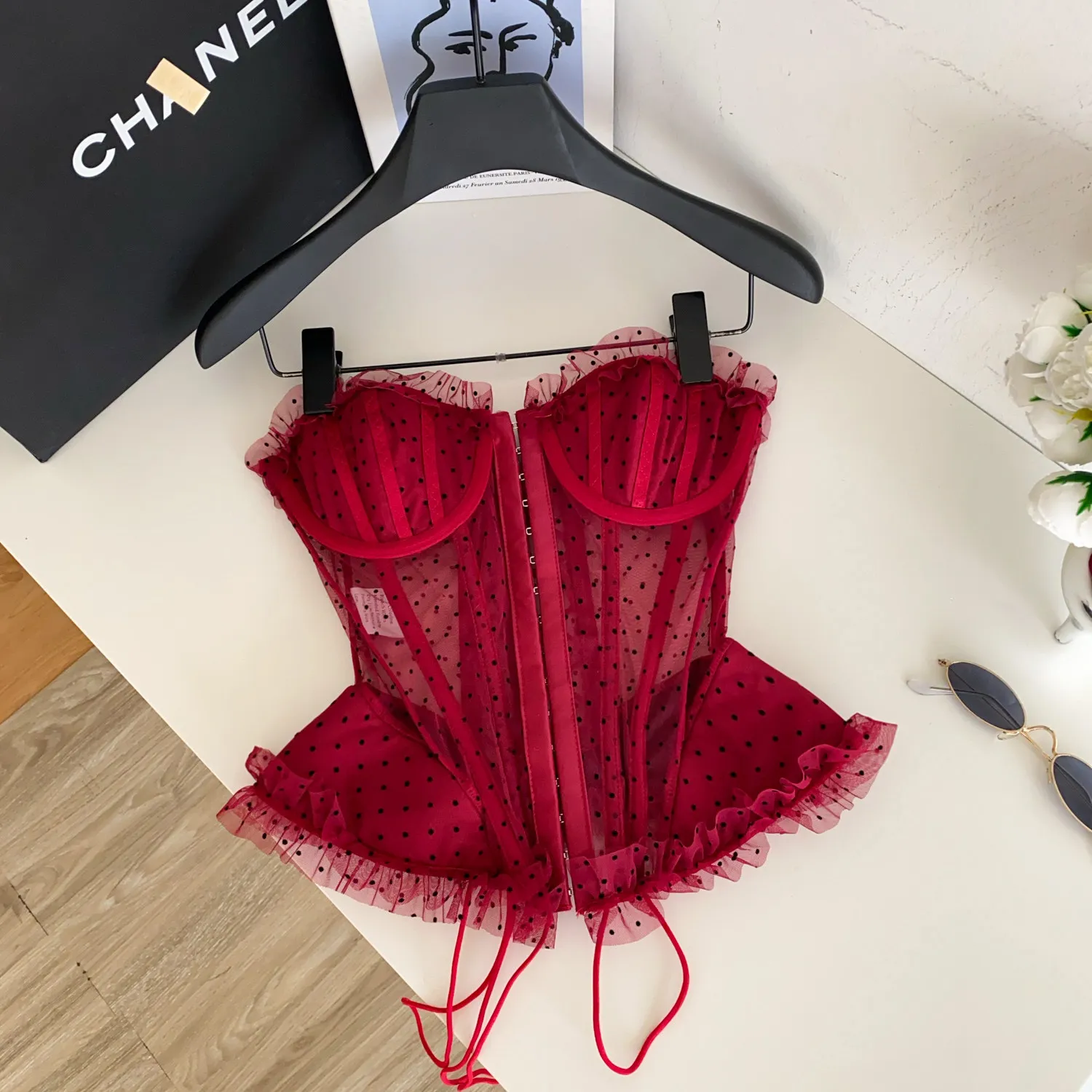 Sexy Off Shoulder Polka Dot Mesh Ruffle Sheer Bandage Tube Top Chic Strapless Crop Top  Fashion Camis Women Tank Top