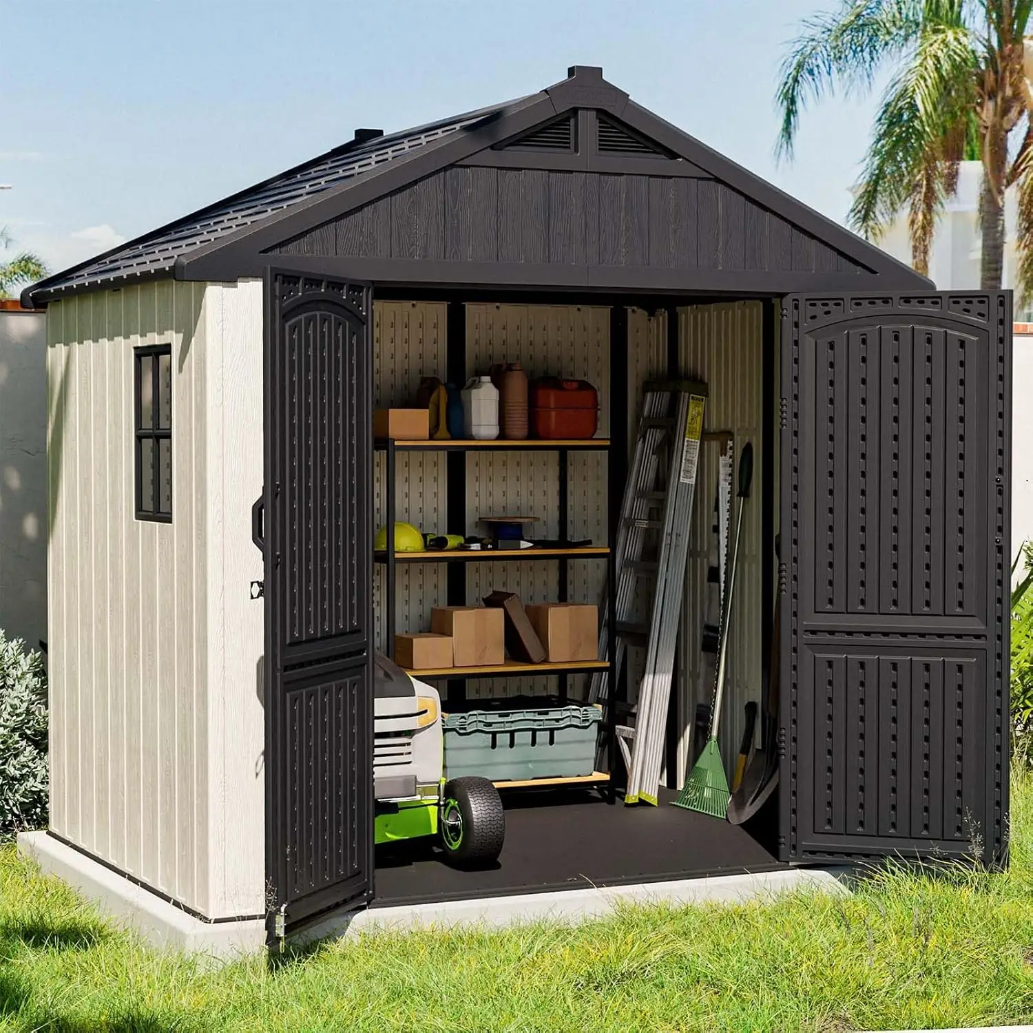 8 X 6 FT Plastic Outdoor Storage Shed with Floor Resin Shed with Window and Lockable Door for Garden Beige