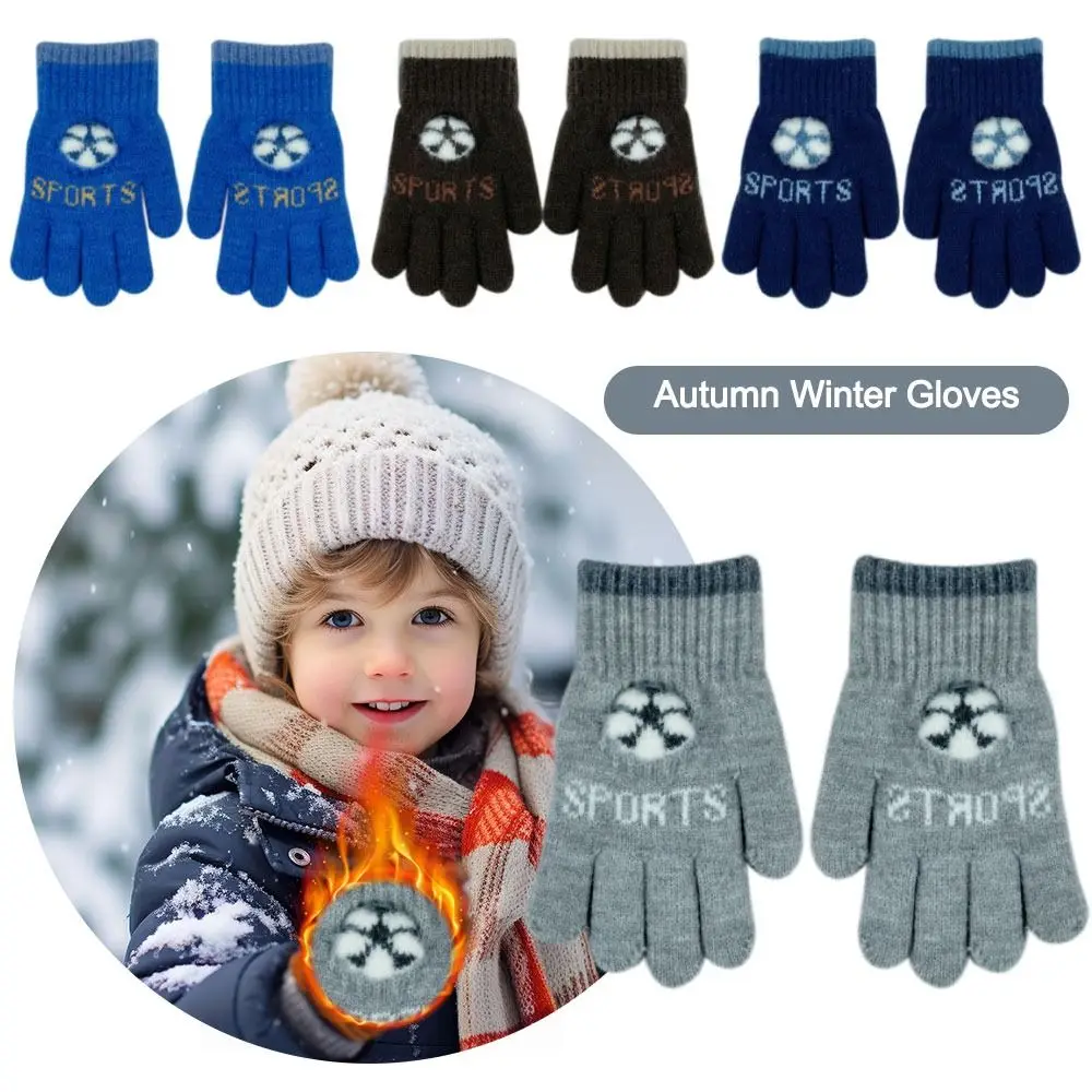 Cute Warm Autumn Winter Gloves Cold Proof Thickened Knitted Gloves Football Full Finger Gloves Children Baby Gloves