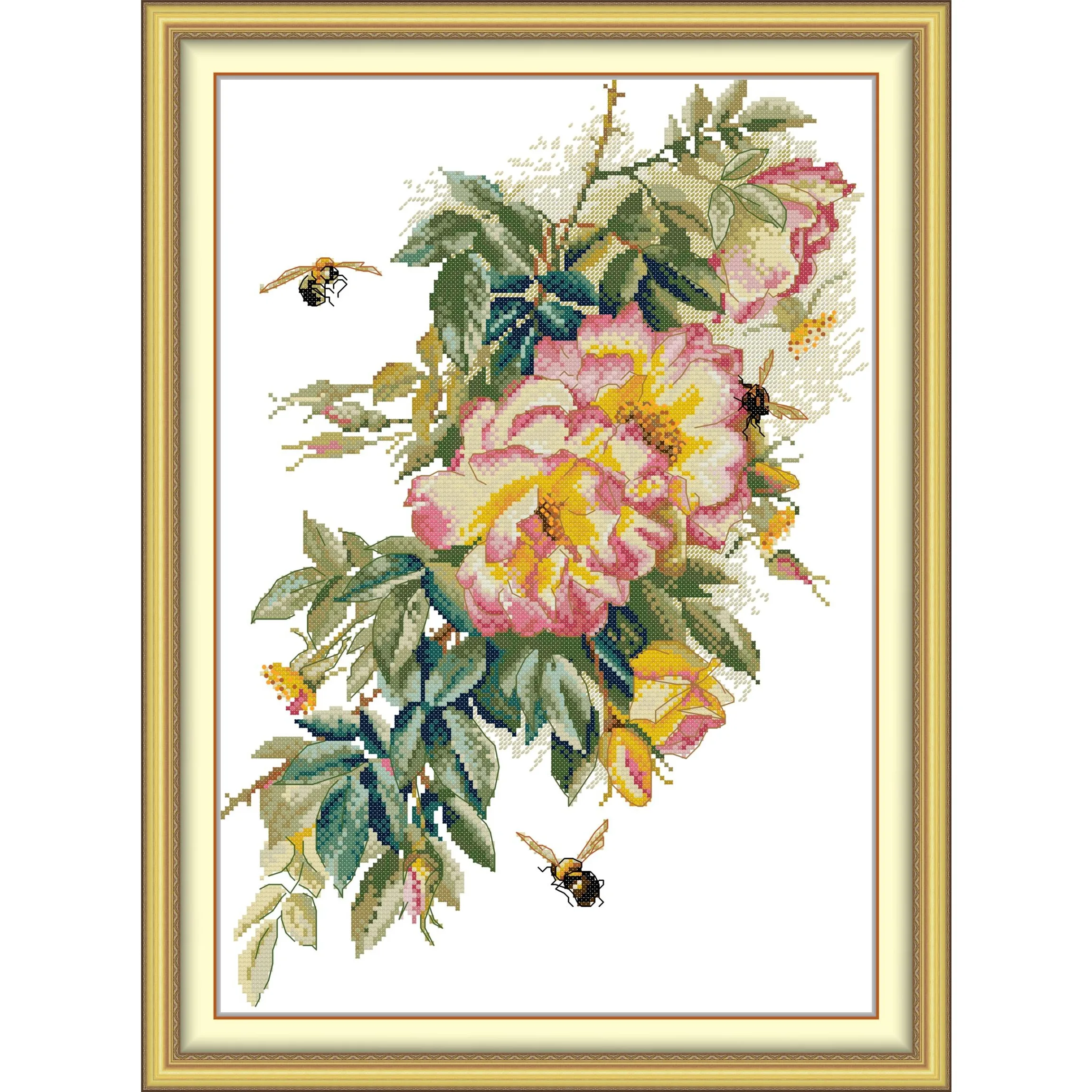 

Soulgift News Pre-Printed Cross Stitch Kit, Stamped Aida Fabric with DMC Threads, Embroidery Kit - Bees and Roses