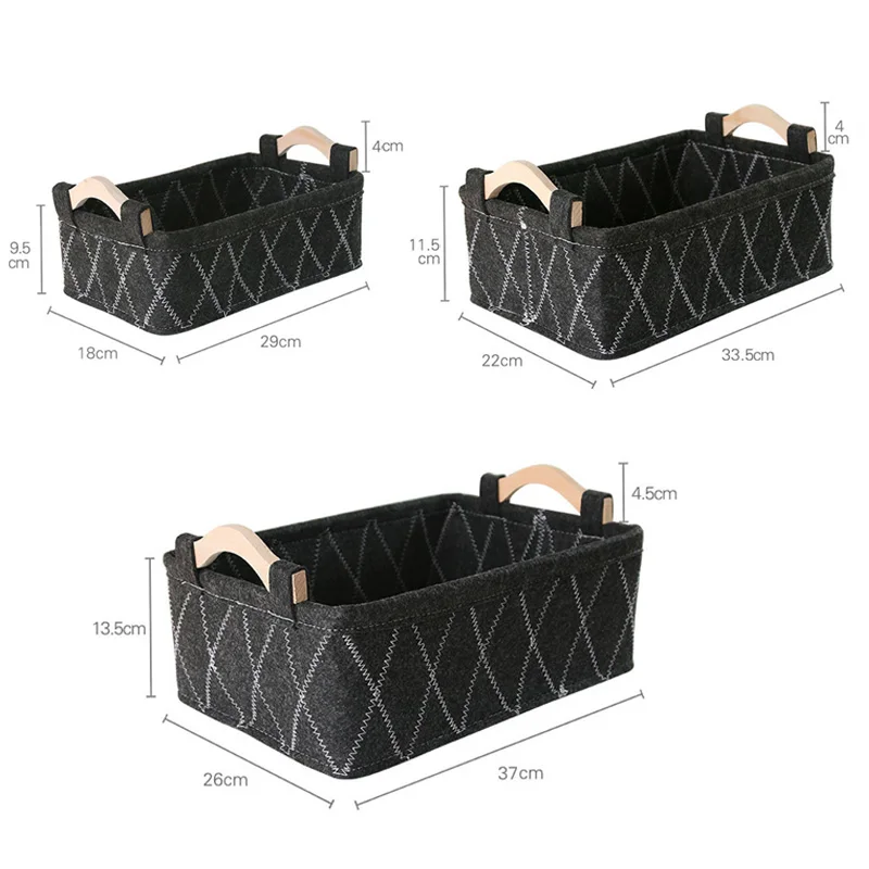 Felt Storage Basket Desk Organizer Toy Basket Storage Bins Makeup Organizer Basket Desktop Wooden Handle Storage Organizer Box