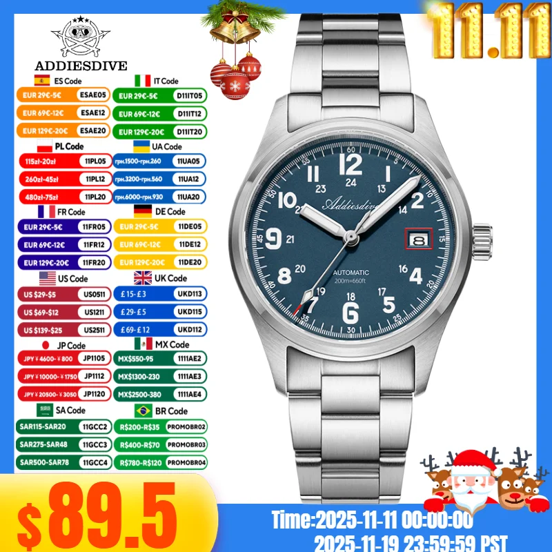 

ADDIESDIVE Men's Vintage Watch Calendar Display Sapphire Crystal 20Bar Diving BGW9 Super Luminous Automatic Mechanical Watches