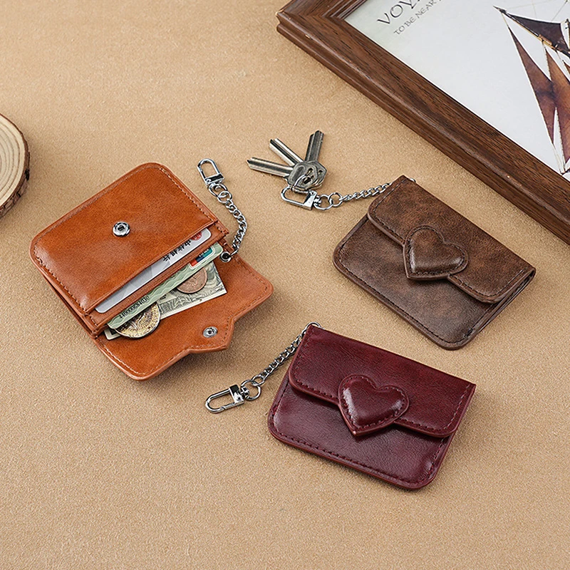 

Mini Heart Coin Purse Keychain For Women Men Fashion Solid Color PU Leather Card Holder Portable Multi-card Slots Short Purse