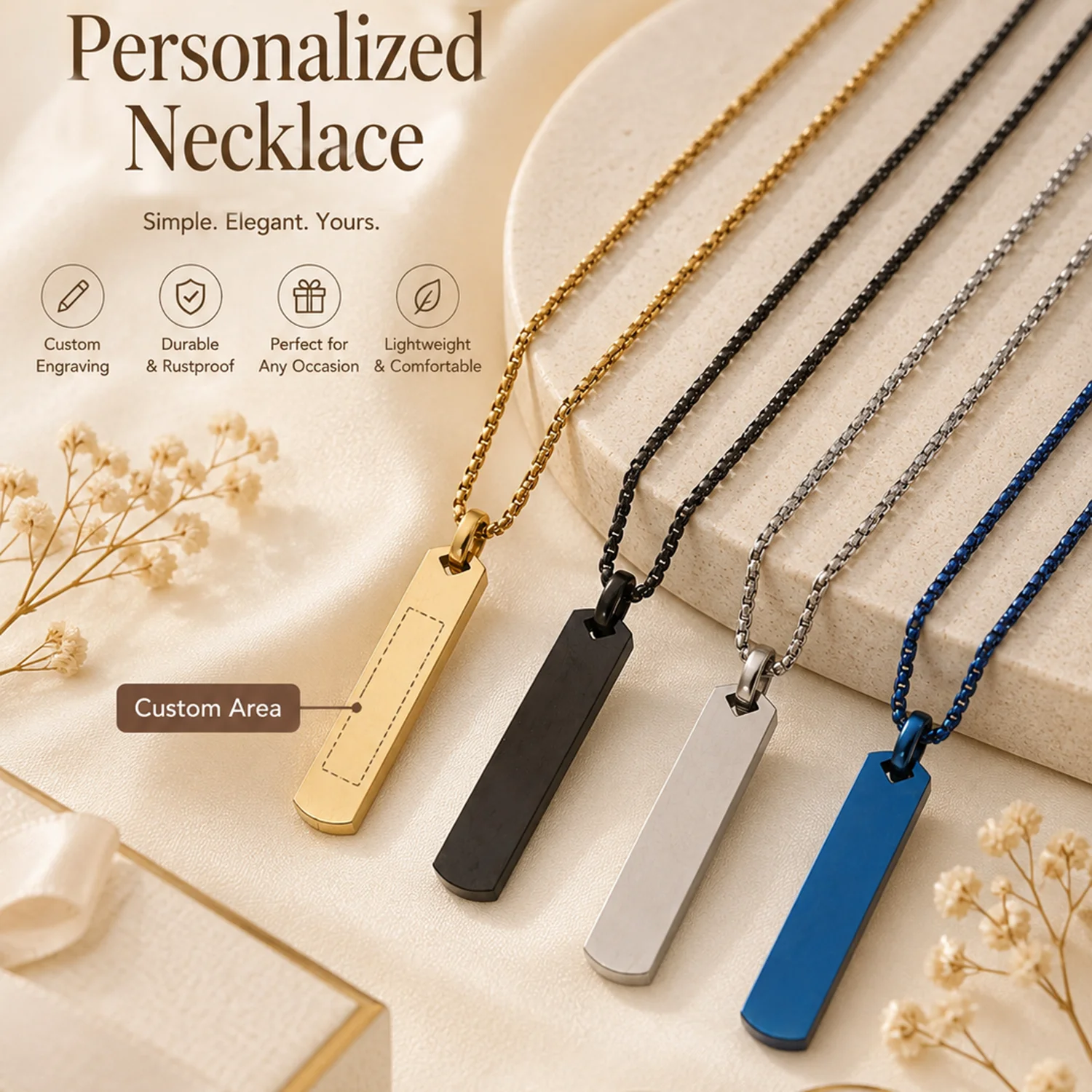 Custom Long Bar Pendant Necklace, Personalized Laser Engraved Name, Unisex Diy Jewelry Anniversary Gift, Custom Name Necklace