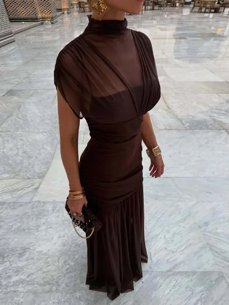 Chaxiaoa Mesh Sleeveless Sexy Maxi Dress Women Gown Elegant Half High Collar High Waist Bodycon Ruched Club Party Long Dresses