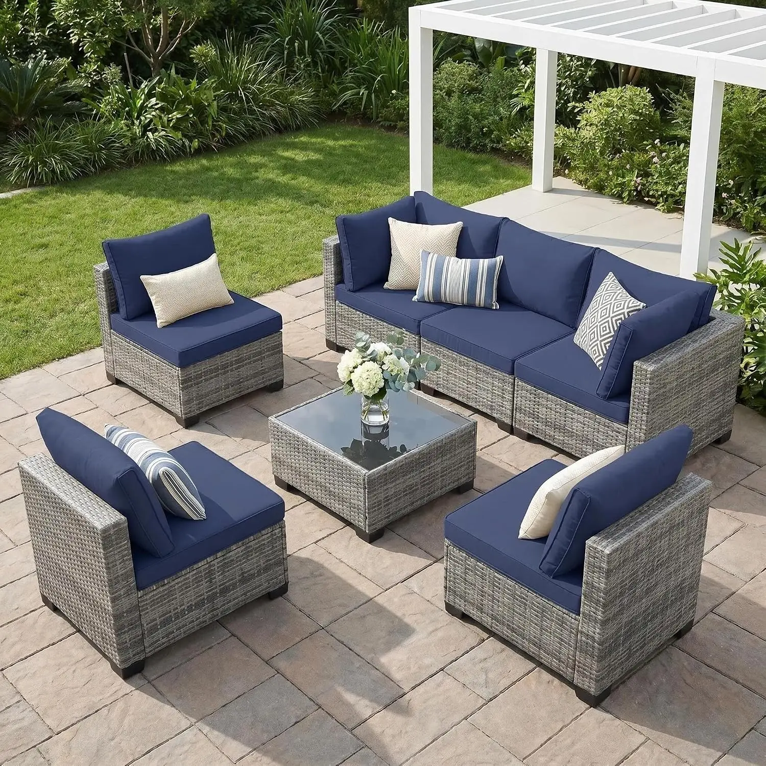 7-Piece Wicker Patio Furniture Navy Blue Cushions Modular Sectional Sofa Rattan Coffee Table Patio Porch Backyard, Customized
