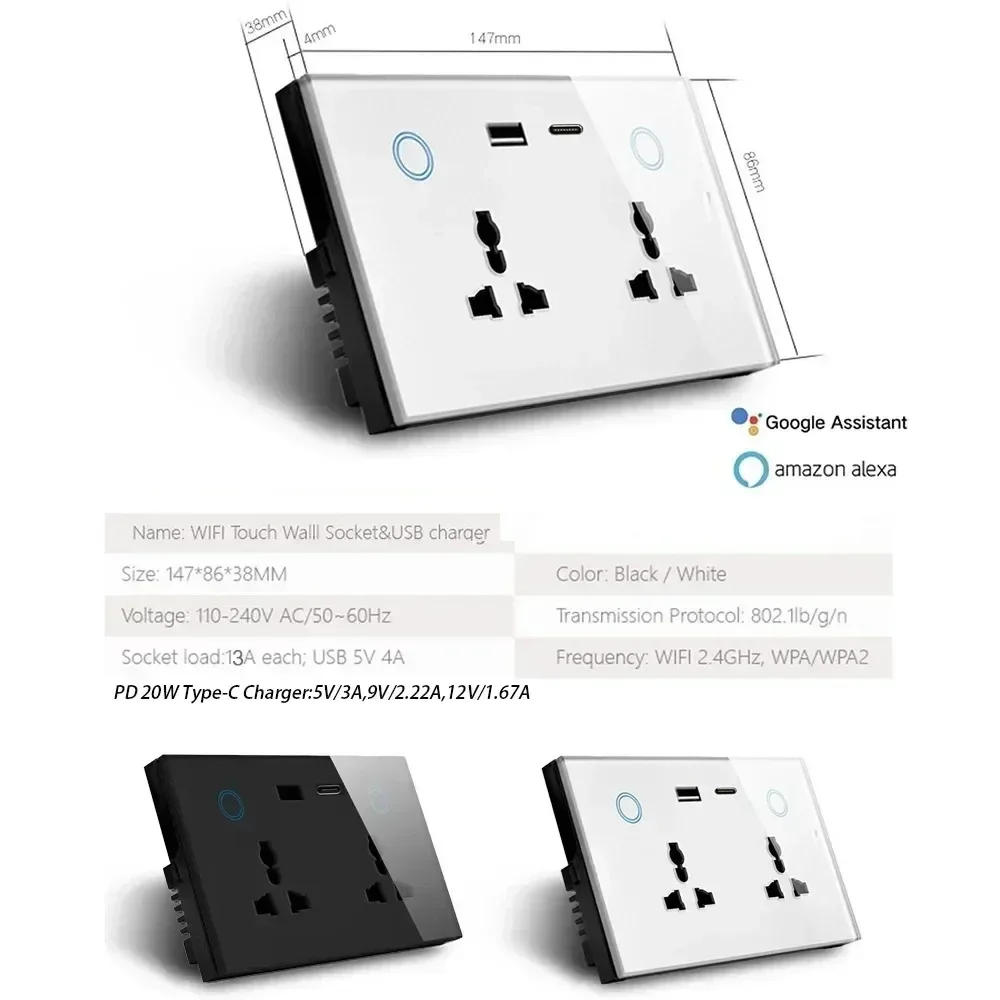 Melery Zigbee Tuya 147 Wall Socket USB Type-C PD 20W Universal Power Plug Outlet Touch Switch Voice Remote by Alexa Google Home