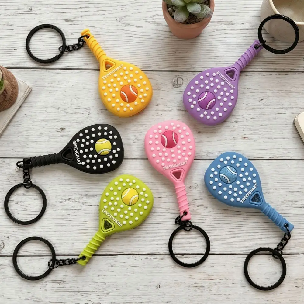 Creativity Mini Tennis Racket Keychain PVC Dopamine Sports Key Ring Lifelike Soft Rubber Racket Bag Pendant Fashion Gifts