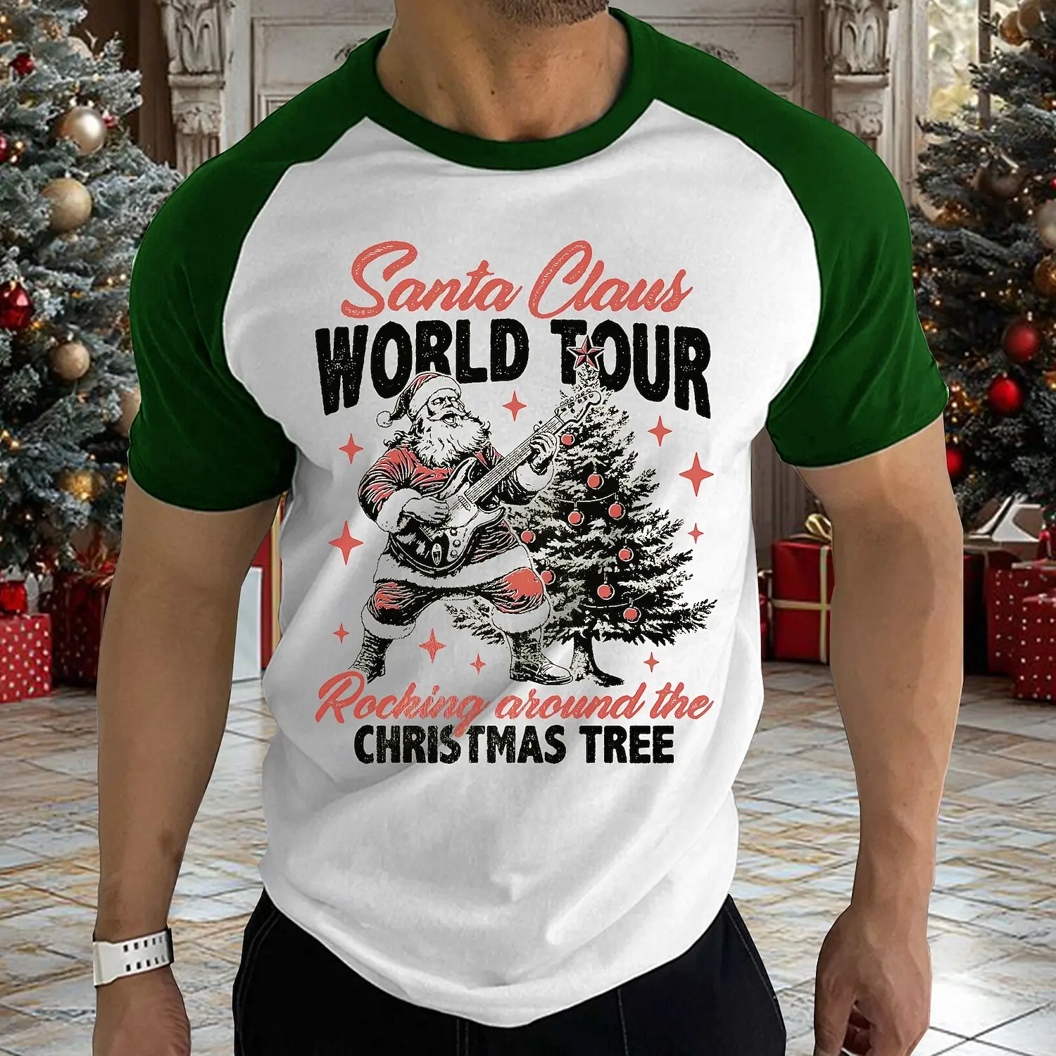 Men's T Shirt Funny Santa Claus Print Tees Christmas Tree Pattern T-shirts Casual O-neck Loose Short Sleeve Tops X'mas Clothing