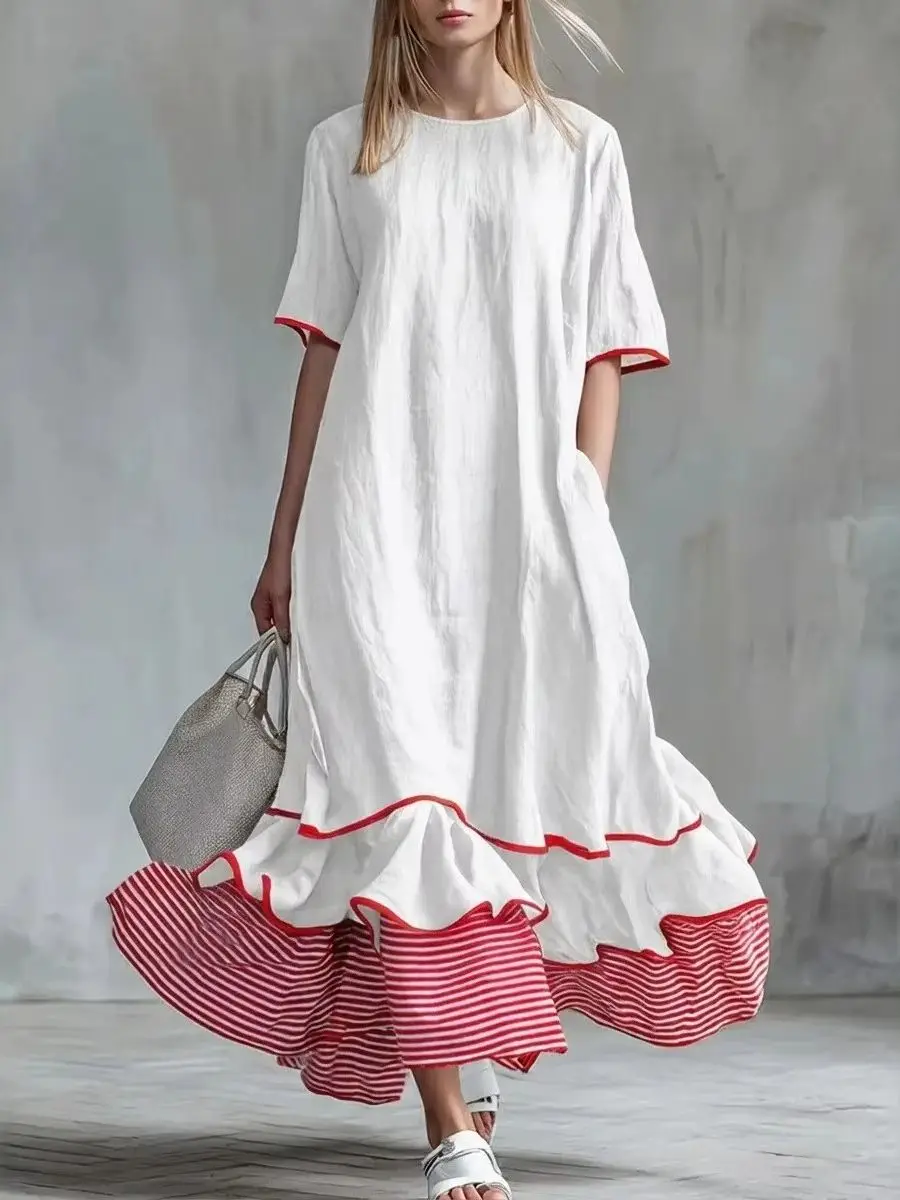 ZANZEA Sommer-Maxikleid aus Leinen für Damen, rot gestreift, Patchwork-Saum, langes Kleid, lässig, O-Ausschnitt, kurze Ärmel, lockere Robe mit Taschen