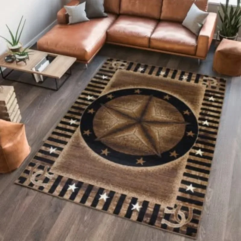 Living Room Rug Texas Lone Star Horseshoe Printed Brown Large Rectangular Carpet Non Slip for Sofa Floor Coffee Table