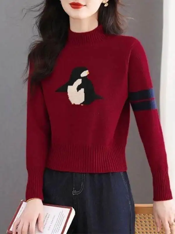 Loose Fit Knitted Sweater Women's Autumn Winter Fashion Thickened Half High Collar Lazy Style Top Quality Polyester Long Sleeve