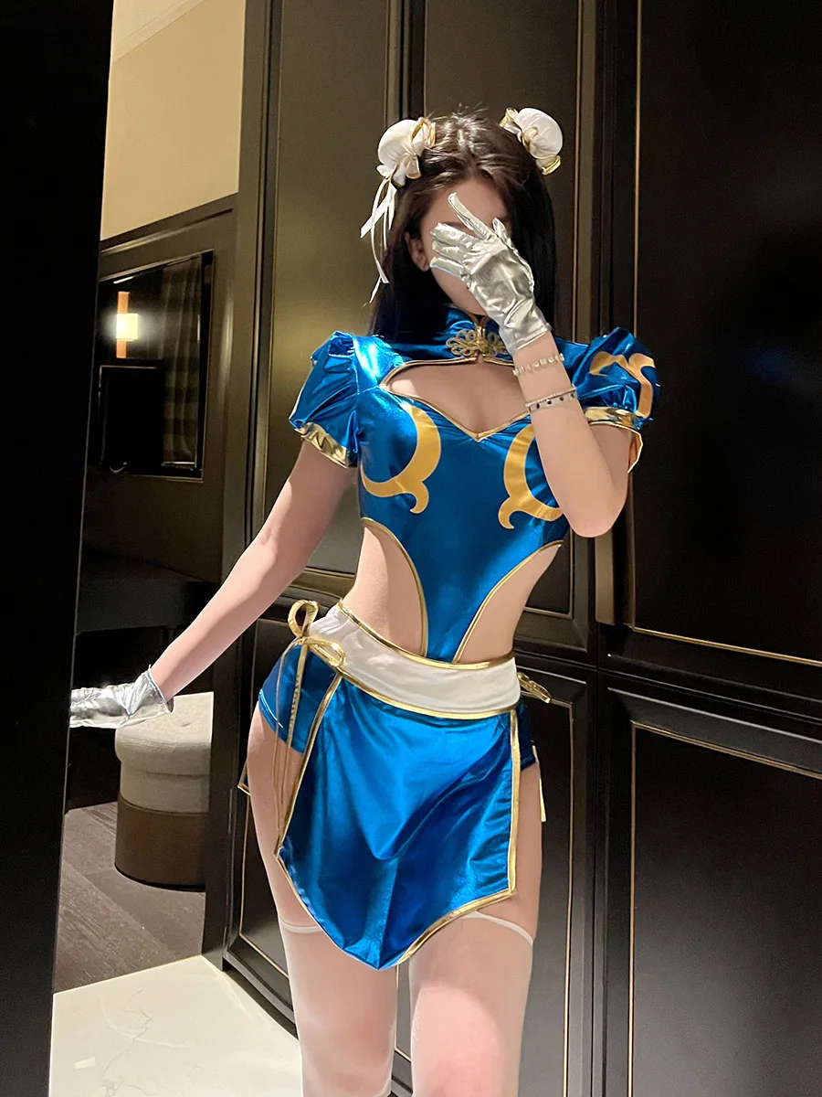 Chun Li 코스프레 의상, 블루 섹시 치파오 게임 유니폼, 여성 할로윈 카니발 파티 드레싱