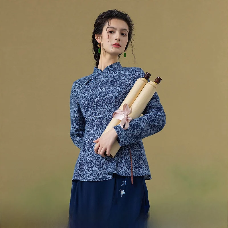

Slim Fit Floral Embroidery irt Women's Faion Autumn New Arrival Breathable Polyester Long Sve Stand Collar Button up