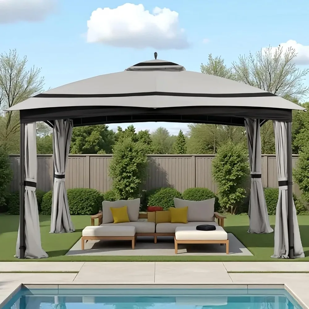 

11x13ft Gazebo for Patio, Gazebo with Curtains & Sandbags, Double Tier Roof Canopy for Garden, Deck, Backyard, Lawn (Grey)
