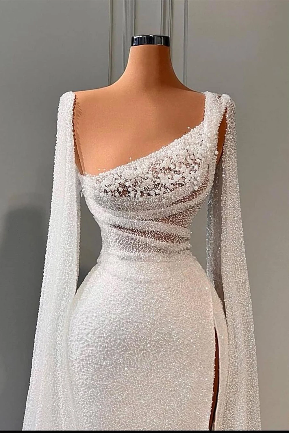 Exquisite White Evening Dresses For Women Luxury Beading Sequined Pearl One Shoulder Vestido De Fiesta Wedding Party Gown Formal