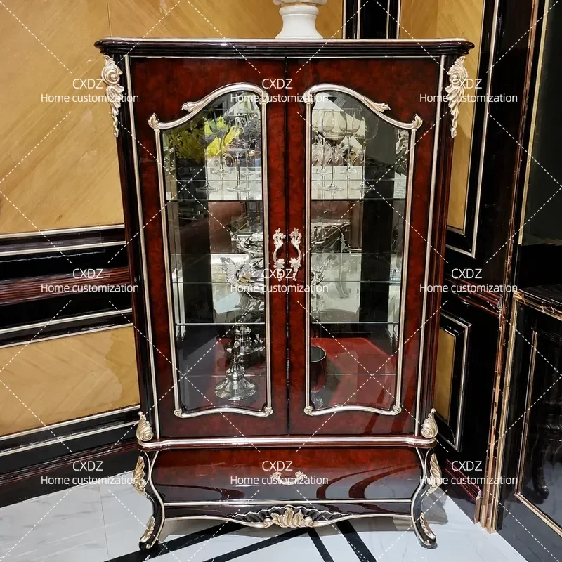 French Style Solid Wood Wine Cabinet with Carved Floral Details Four Door Glass Display Storage Unit for Villa Restaurant