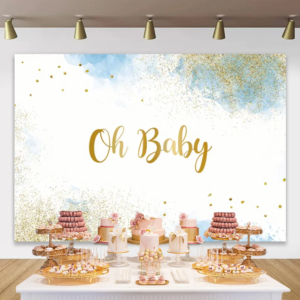 Oh Baby Watercolor Backdrop Blue Clouds Gold Glitter Boy or Girl Baby Shower Background Birthday Party Decoration Photo Poster