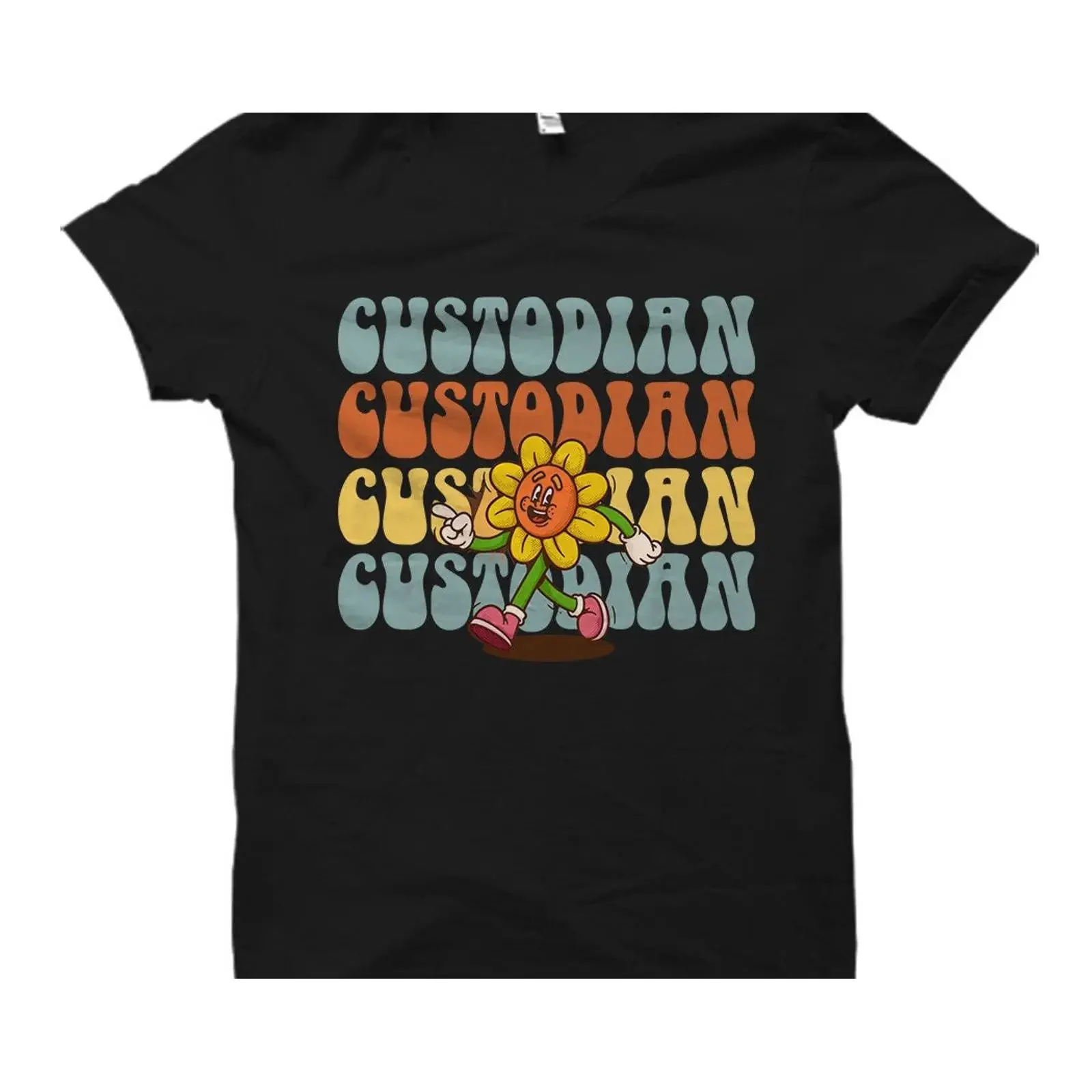 Groovy Retro Sunflower Custodian T Shirt Cute Janitor Maintenance School Cleaning Staff Appreciation  vintage Washed