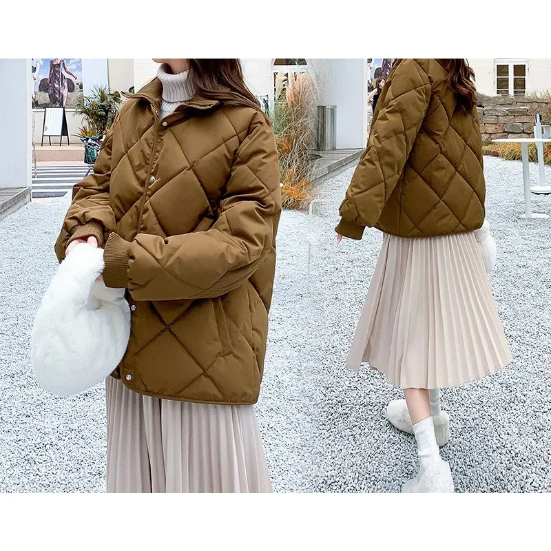 Short Women's Round Neck Light Cotton Clothes 2024 Collarless Rhombus Cotton Clothes Autumn and Winter Warm Jacket