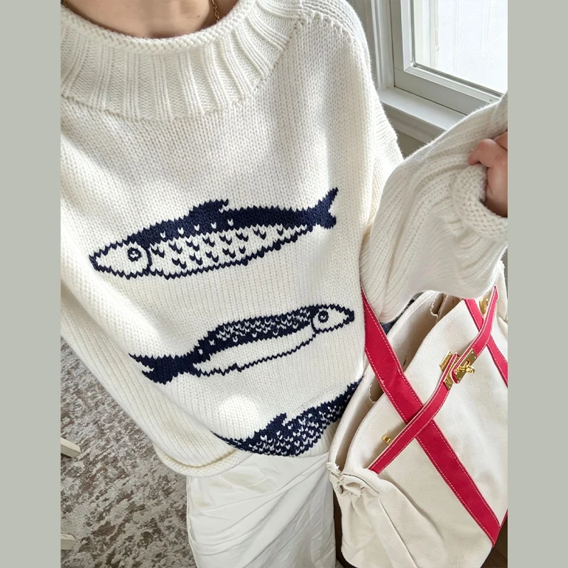 Damenpullover mit Fischmuster, gestrickter Pullover, Herbstmode, Rollkragenpullover, langärmelig, mit Paneelen, Oversize-Strickware, schick, neues Party-Outfit. – Detail 6