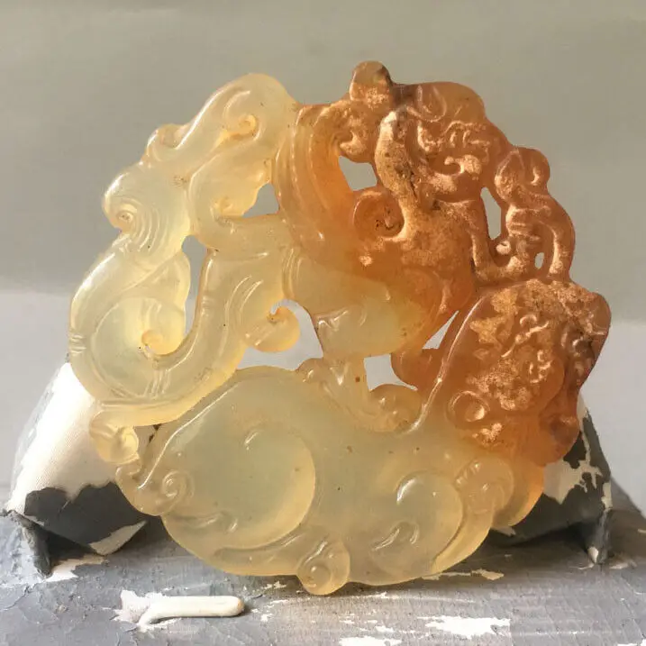 Chinese old natural jade hand-carved Dragon Phoenix pendant