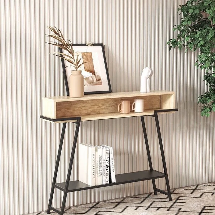 HYS Modern Entrance Table Simple Entry Door Light Luxury Metal Welded Cabinet Long Strip Several Against Wall Iron Shelf Black