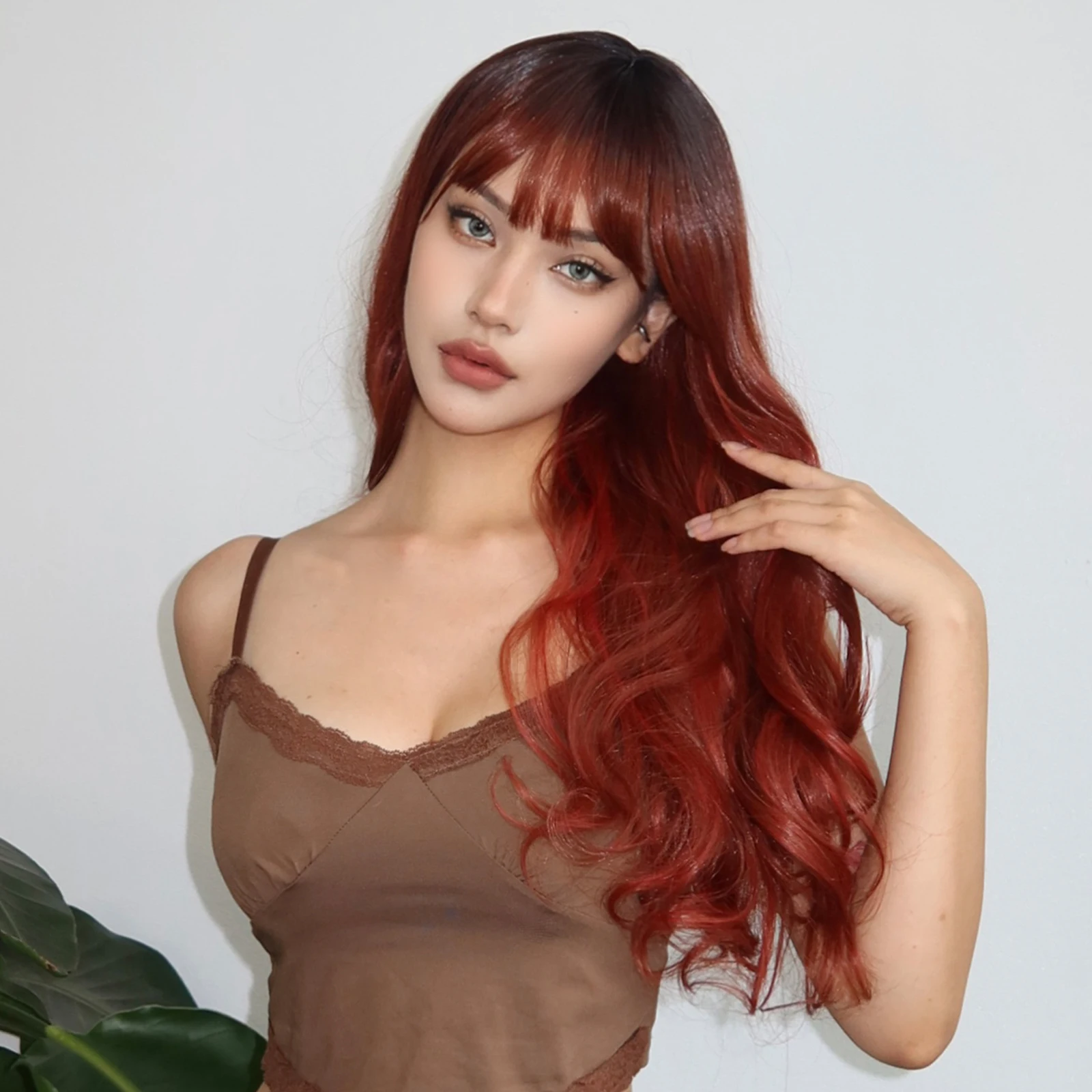 LOUIS FERRE Ombre Brown to Red Brown Wavy Hair Long Natural Wave Copper Ginger Synthetic Wigs for Women Heat Resistant Fiber Wig