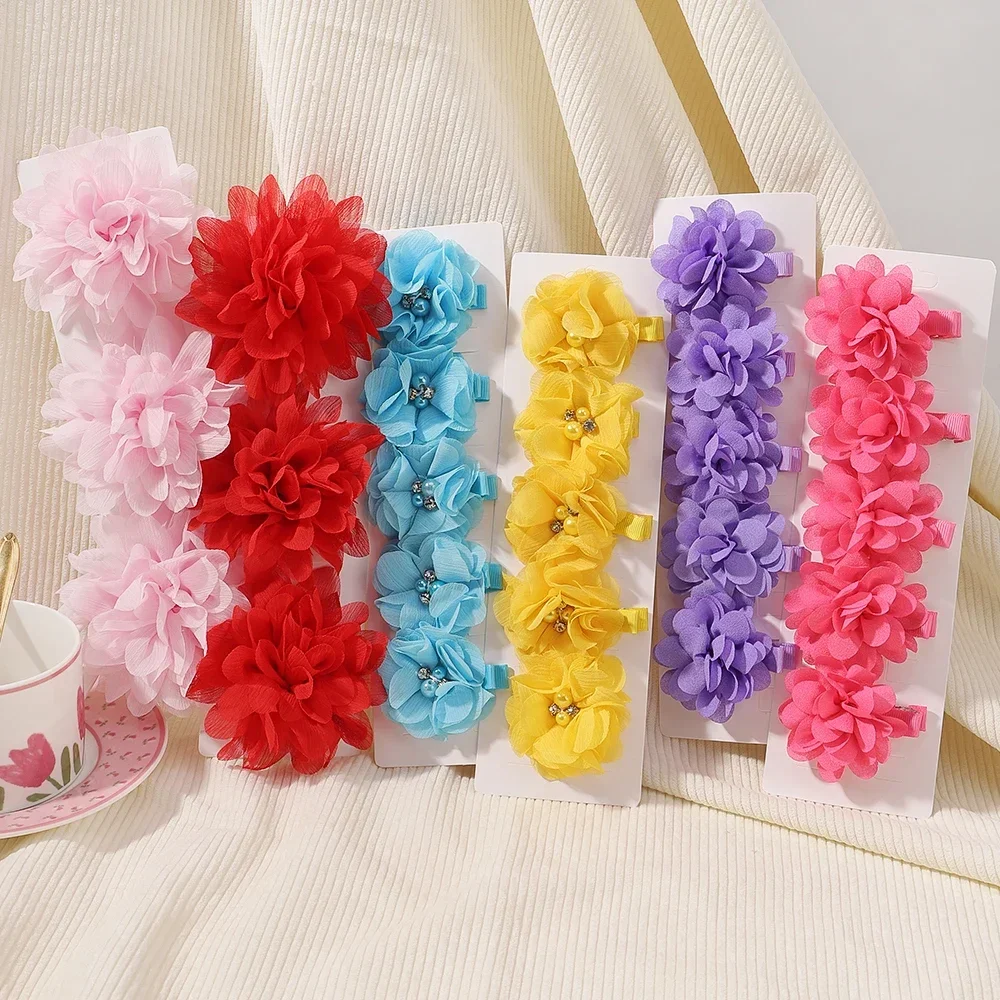 1Set 3-5Pcs Children Handmade Chiffon Petals Poppy Flower Hair Clips Rolled Rose Fabric Hair Flowers Kids Girls Hair Accessories