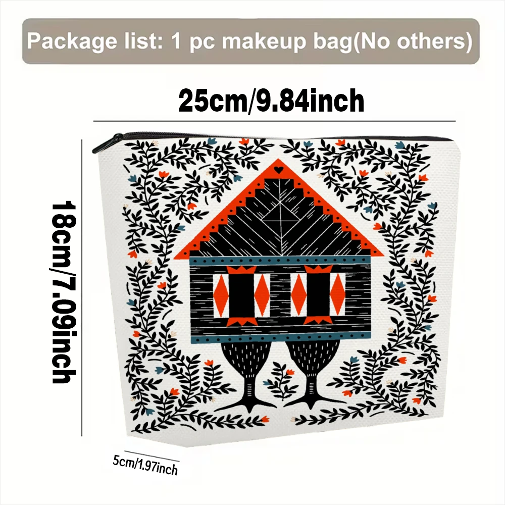 Traditional House Pattern With Leaves Makeup Bags for Girls Cosmetic Pouch Toiletry Bag Pencil Case Travel Storage