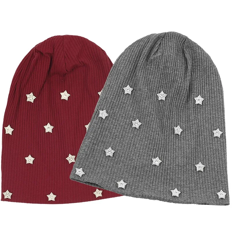 Women Rhinestone Star Ribbed Beanie Hat Autumn Winter Knit Slouch Hat For Ladies Casual Overisze Baggy Hats Customized Stuff