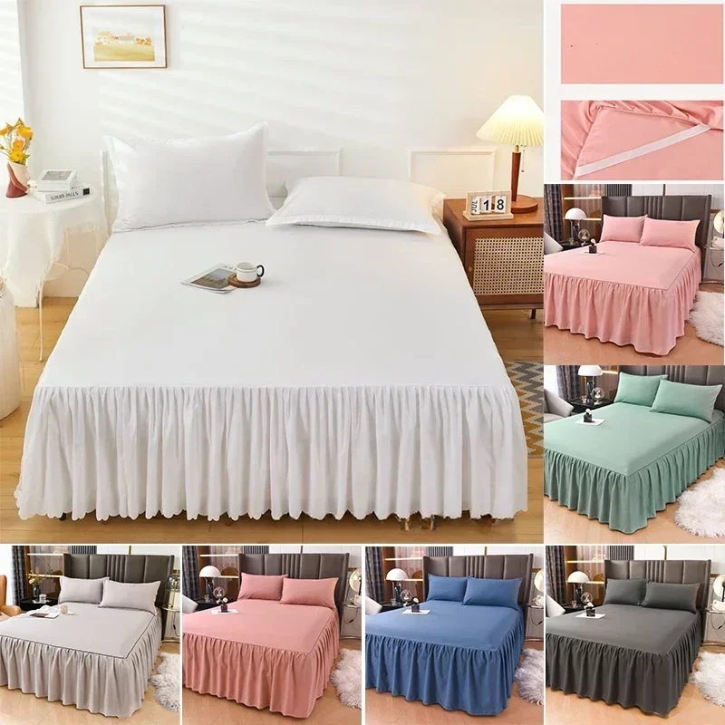 Single piece anti slip solid color bed skirt bed fitted sheet bedcover mattress protection cover bedskirt pillowcase bedding