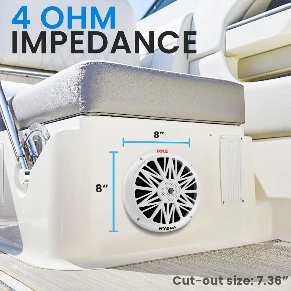 파일 마린 스피커, 방수, 내후성, 8인치 듀얼, 10인치 외부 프레임, 300와트 출력, 폴리카본 콘, 천