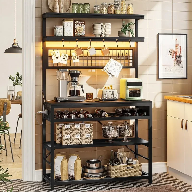 

Bakers Rack, 6-Tier Coffee Bar, Microwave Stand, LED Lights and 10 Hooks, Bakers Racks for Kitchens with Storage, Black