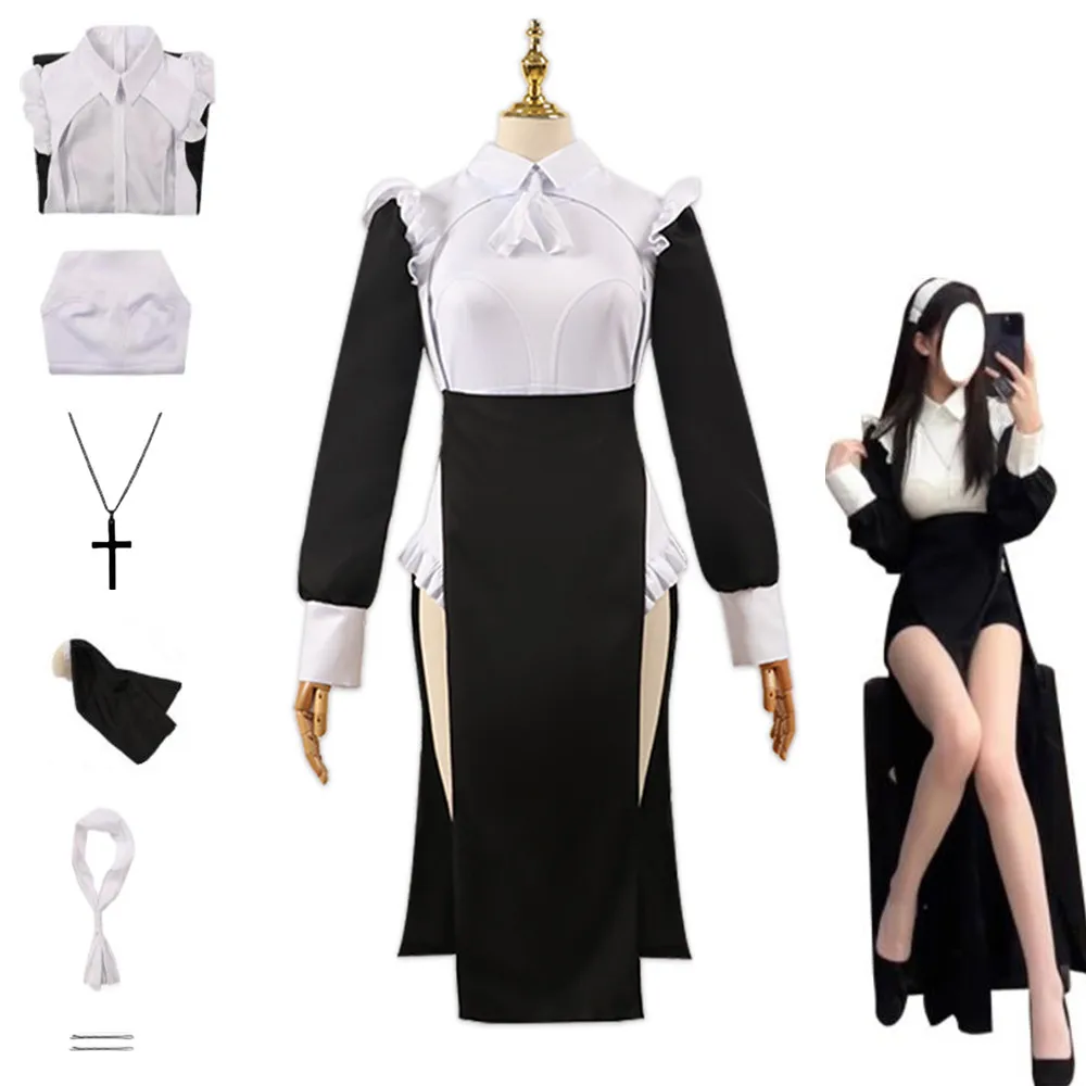 

Sexy Woman Nun Cosplay Costume Maid Uniform Split Skirt Tight Jumpsuits Kawaii Doll Collar Shirt Halloween Carnival Party Suit