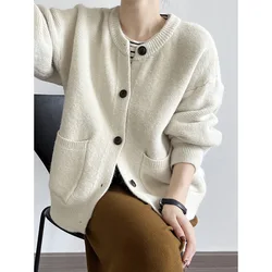 Donna autunno inverno o-collo maglione bottone singolo cardigan lavorato a maglia maglione donna manica lunga Beige Top Crochet Mujer