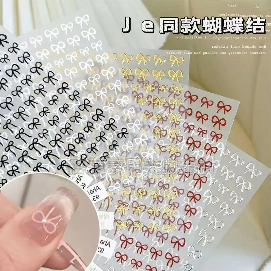 3D Bow Nail Stickers Japanese Style Hand Drawn Black White Self Adhesive Waterproof Decals for Manicure DIY