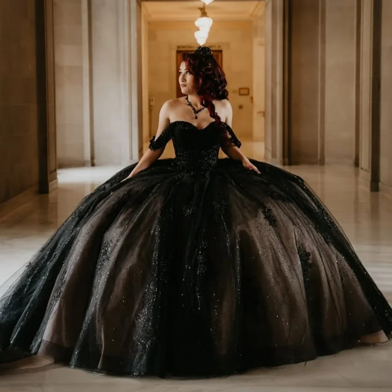 

Customized Shiny Black Quinceanera Dresses Off the Shoulder crystal applique Lace Bow Long tail Vestido De 15 Quinceanera