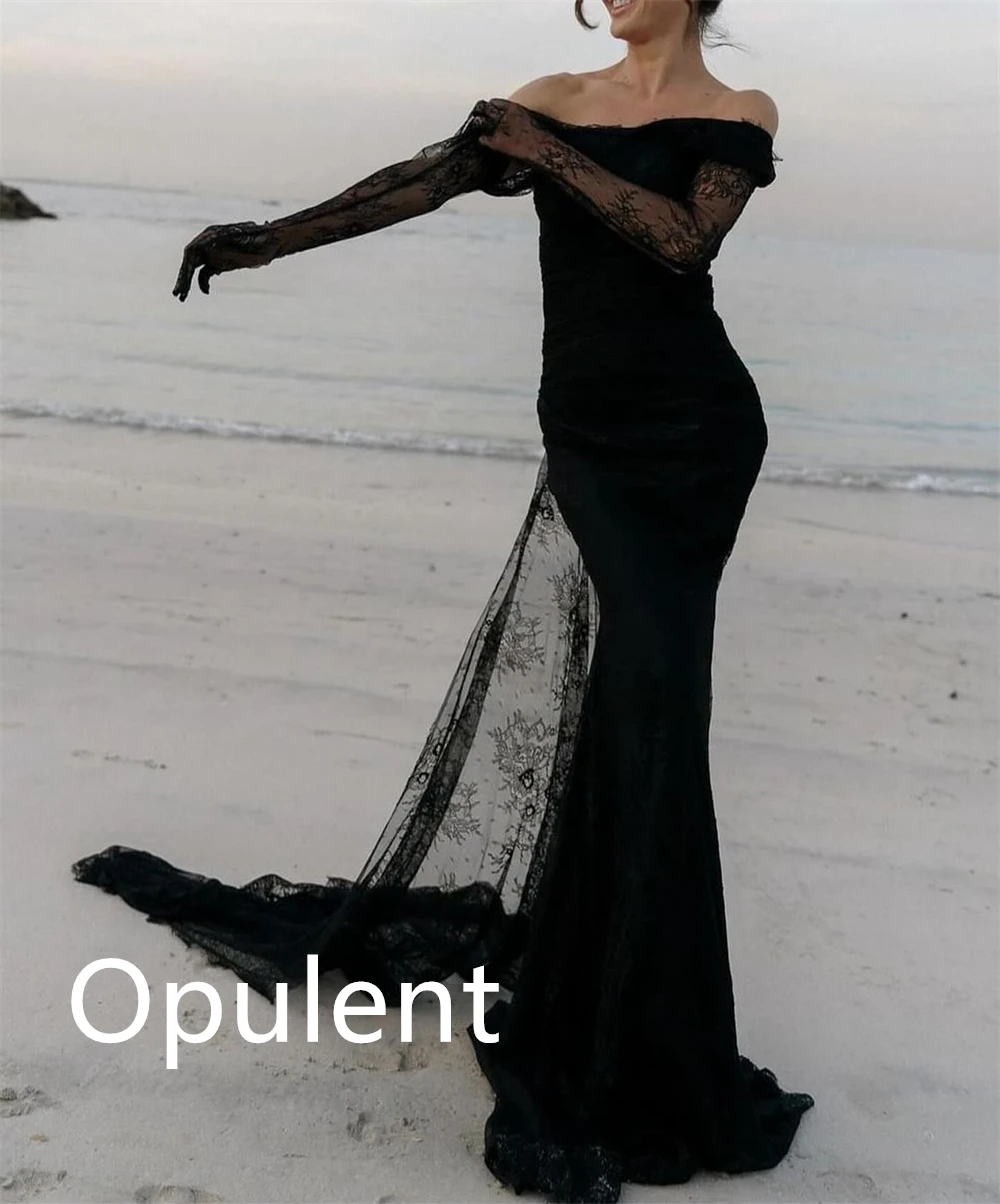 Customized  Exquisite Black Jersey Evening Dress Temperament Strapless Off the Shoulder Long Sleeves Bespoke Occasion G image 2