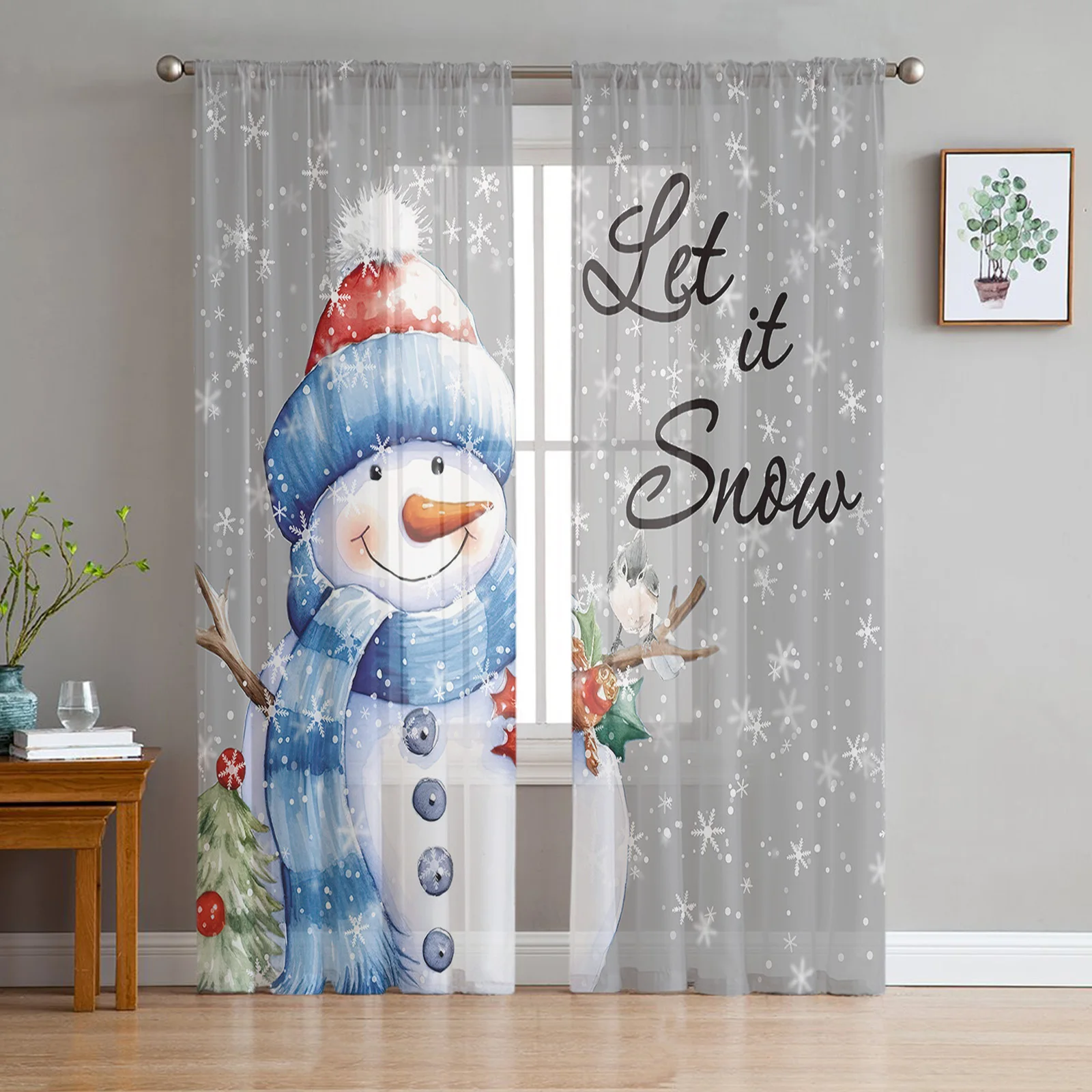 

Christmas Snowflake Snowman Sheer Curtains Christmas Decorations for Home Window Tulle Curtains for Living Room Bedroom