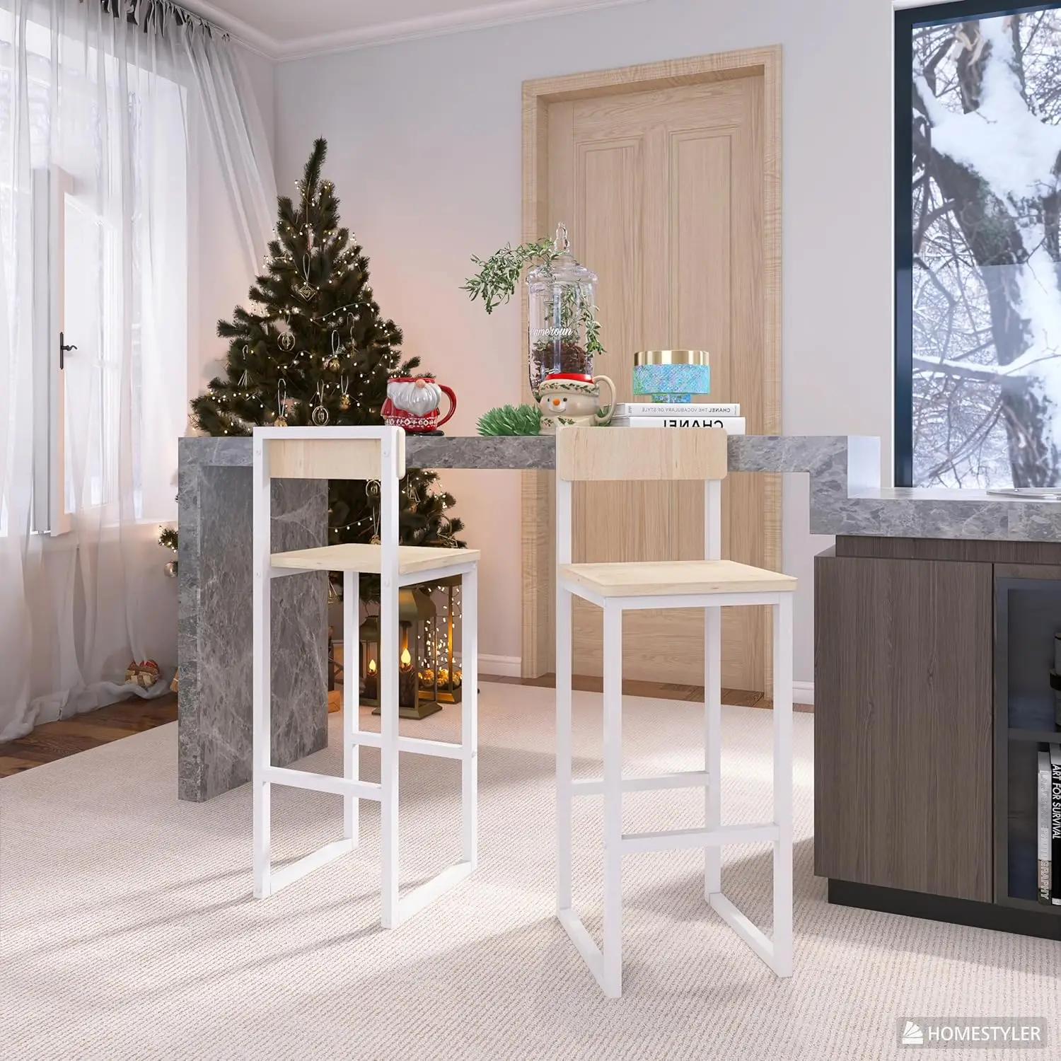 

Bar Stools Set of 2, 27" Counter Height BarStools with Back and Footrest, Birch Wooden Seat Metal Frame, Easy, Customized