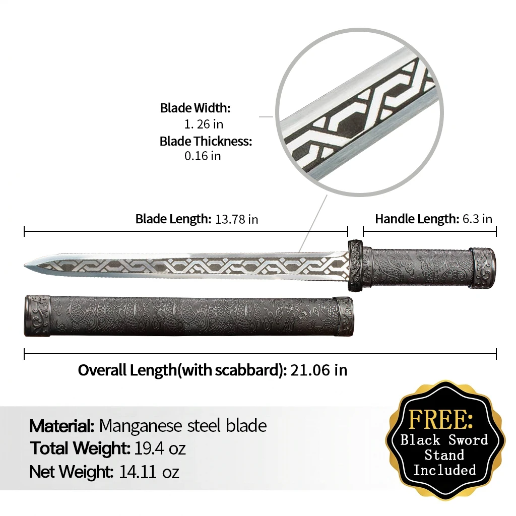 Mini Tang Style Taiyuan Short Sword Manganese Steel Blade with Geometric Etching Black Dragon Carved Fittings Display