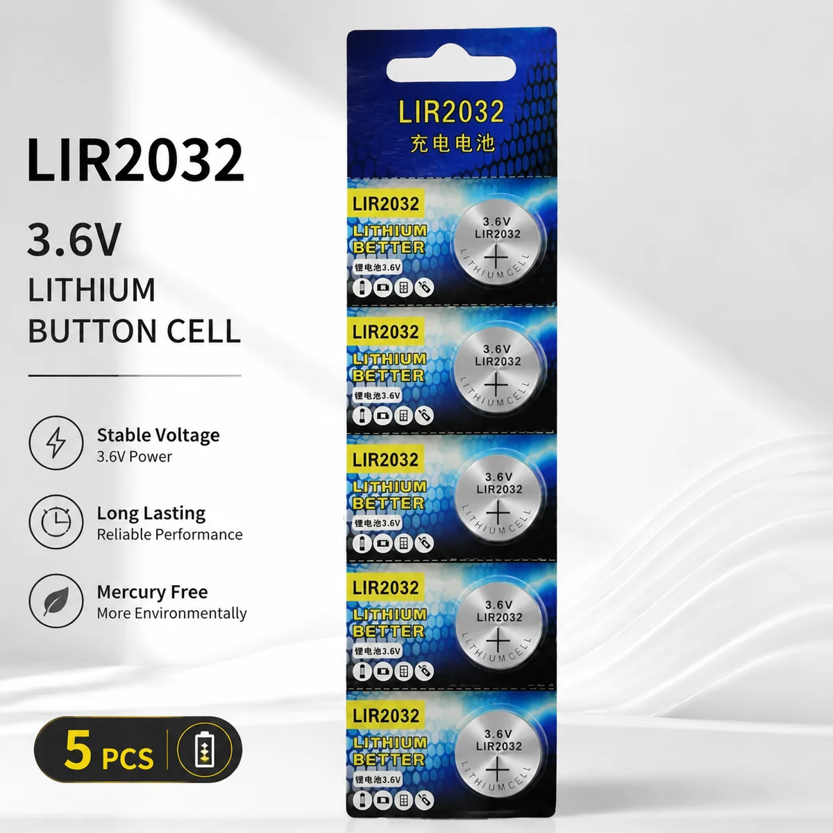 Lithium Coin Cell Battery LIR2032 3.6V 5PCS Rechargeable Button Batteries for Watch Toy Remote Control Calculator