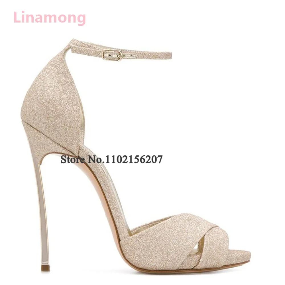 

Женские блестящие сандалии на тонком высоком каблуке, с круглым носком и ремешком с пряжкой на щиколотке