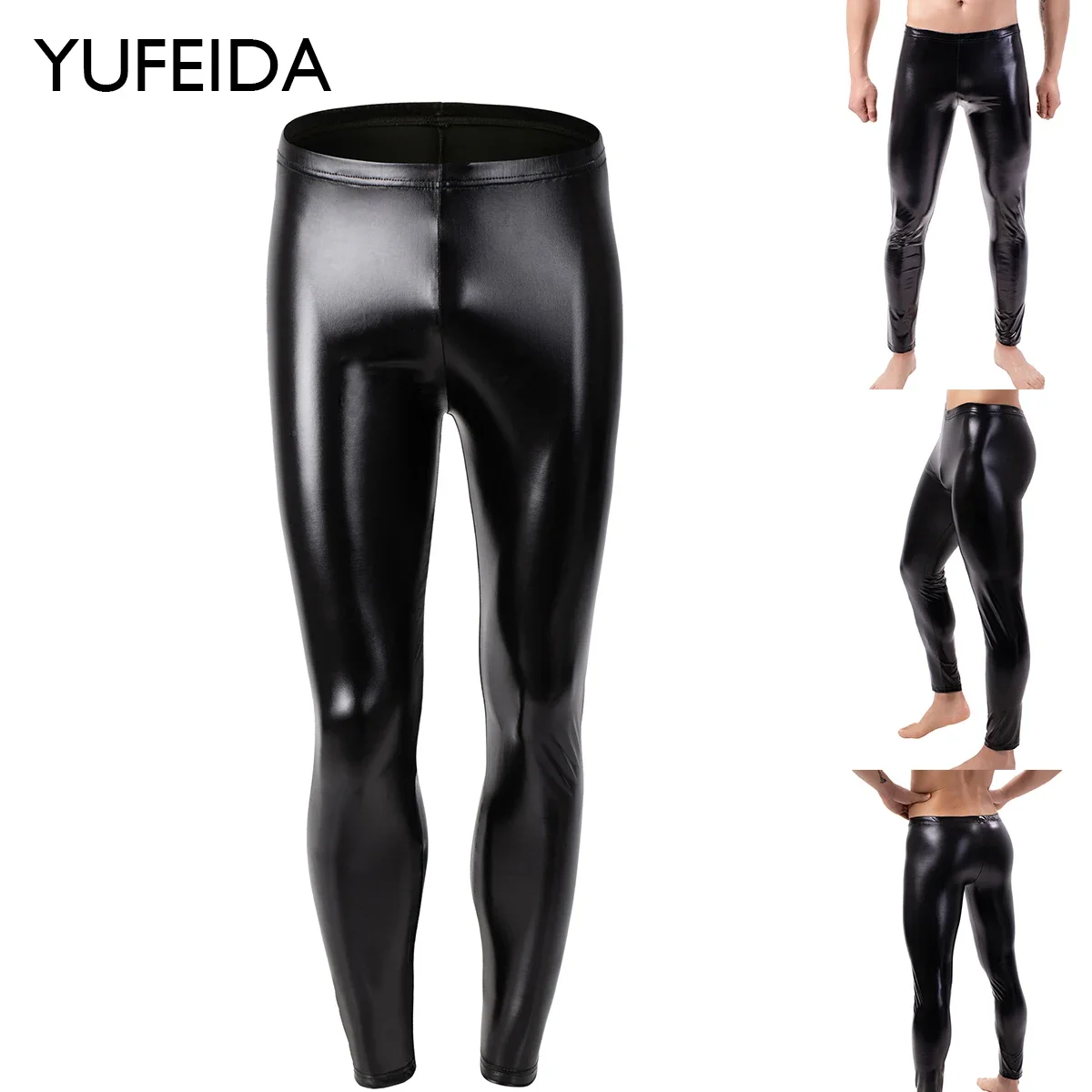 YUFEIDA Men\'s Skinny Leather Trousers Leggings Punk Style PU Leather Pants Legging Sexy Male Clubwear Tight Casual Black Legging