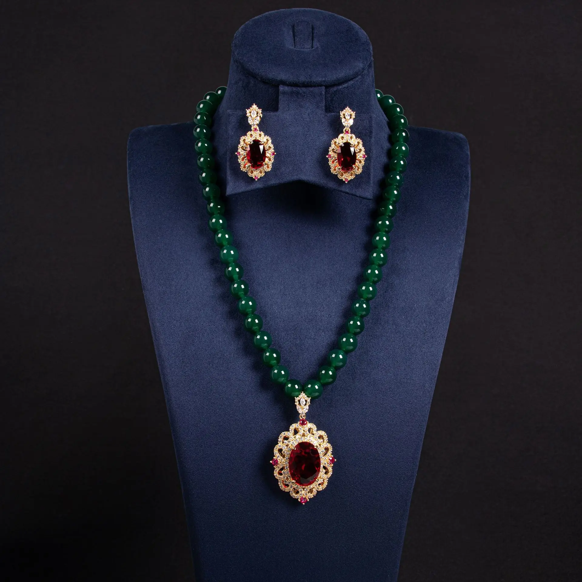 

New Luxury Vintage Green Beaded Agate Necklace Earrings Zirconia Jewellery Set Nigeria Summer Prom Wedding Event Gift M-373