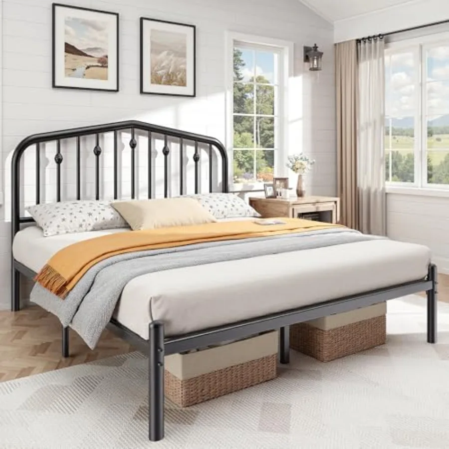 14 Inch Queen Bed Frame Sturdy Rustic Metal Bed Frame Queen Size with Headboard 12.5 Under Bed Space for Storage Curved Corners