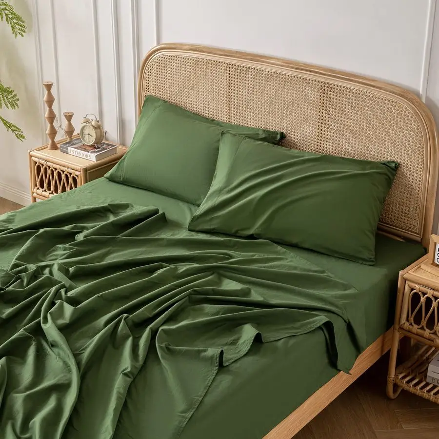 

Green 100 Washed Cotton Linen Feel Sheet Set Full Size, 4 Pieces Deep Pocket Bed Sheets Soft Breathable Hotel Bedsheets
