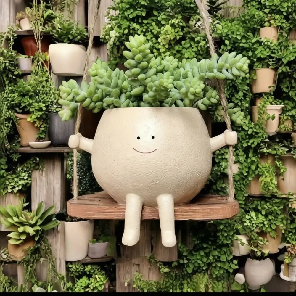 Cute Smiling Face Swing Planter Resin Hanging Flower Holder Unique Decorative Ornament Garden Patio Yard Decor